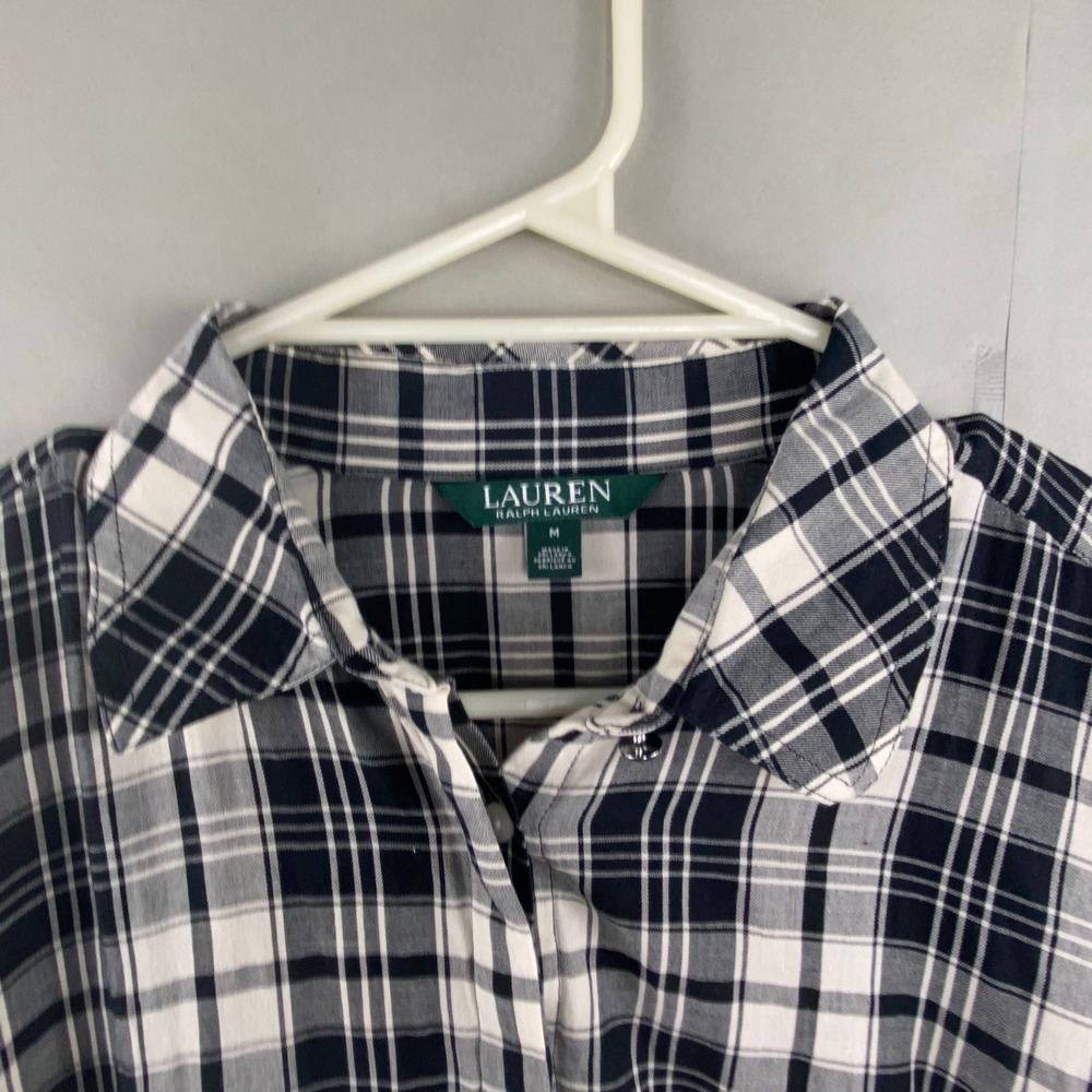 Lauren Ralph Lauren Plaid Blouse Womens SZ M‎ Bell Sleeve Black White Preppy - Picture 5 of 15